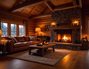 Warm and inviting rustic living room featuring a glowing fireplace, soft lighting, and comfortable seating, perfect for cozy autumn or winter evenings