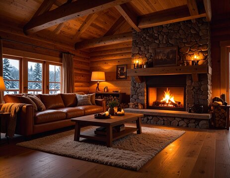 Warm and inviting rustic living room featuring a glowing fireplace, soft lighting, and comfortable seating, perfect for cozy autumn or winter evenings