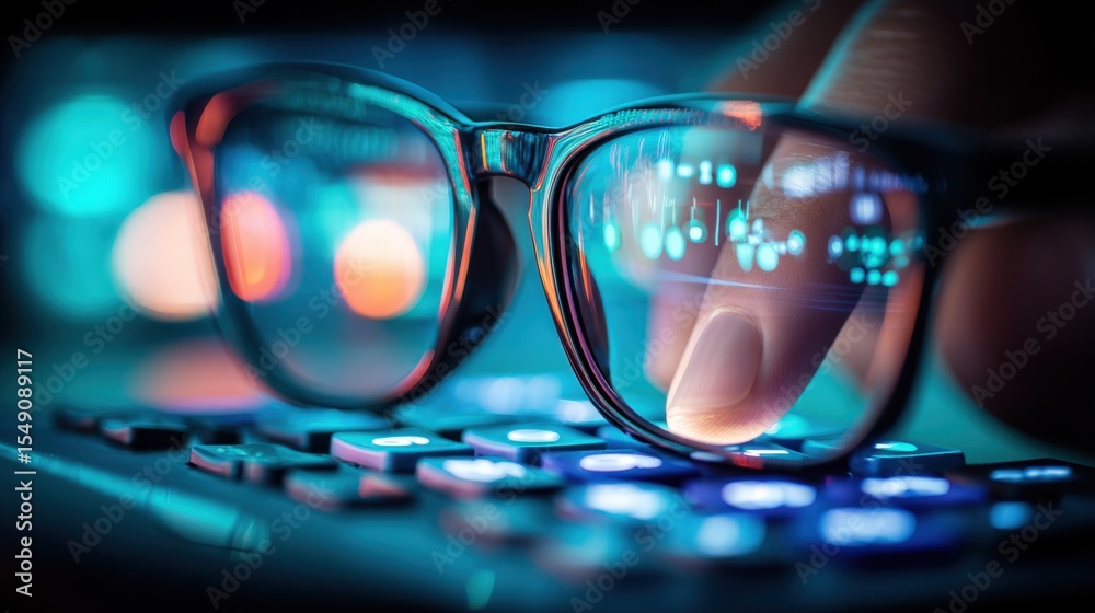 Poster Close-up of eyeglasses with digital data reflections illuminated in dark background