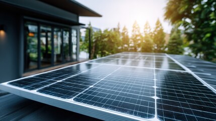 Fototapeta premium Solar panels installed on a modern house roof with clear sky and trees in background