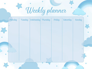 Blue weekly planner for boys with sky elements Clouds stars moon