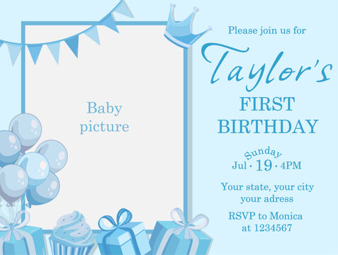 Happy first birthday invitation template with photo Boy blue card