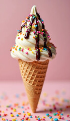 Sweet Vanilla Gelato Dessert with Chocolate Drizzle and Rainbow Sprinkles – Pastel Background

