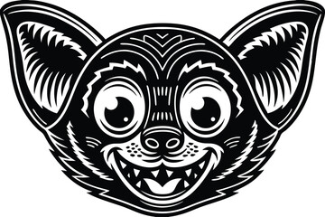 A stylized bat face art shows a cartoonish creature smiling widely with prominent teeth