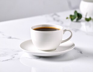 Obraz premium Biała filiżanka z kawą na marmurowym tle, minimalna stylizacja, brandingowa