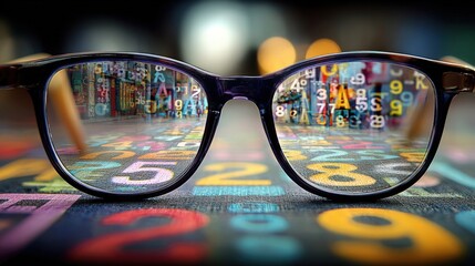 Close-up of eyeglasses with colorful numeric street art reflection and blurred background
