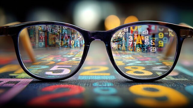 Close-up of eyeglasses with colorful numeric street art reflection and blurred background