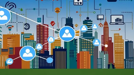 Urban skyline with digital connectivity icons illustrating modern technology and communication trends - Powered by Adobe