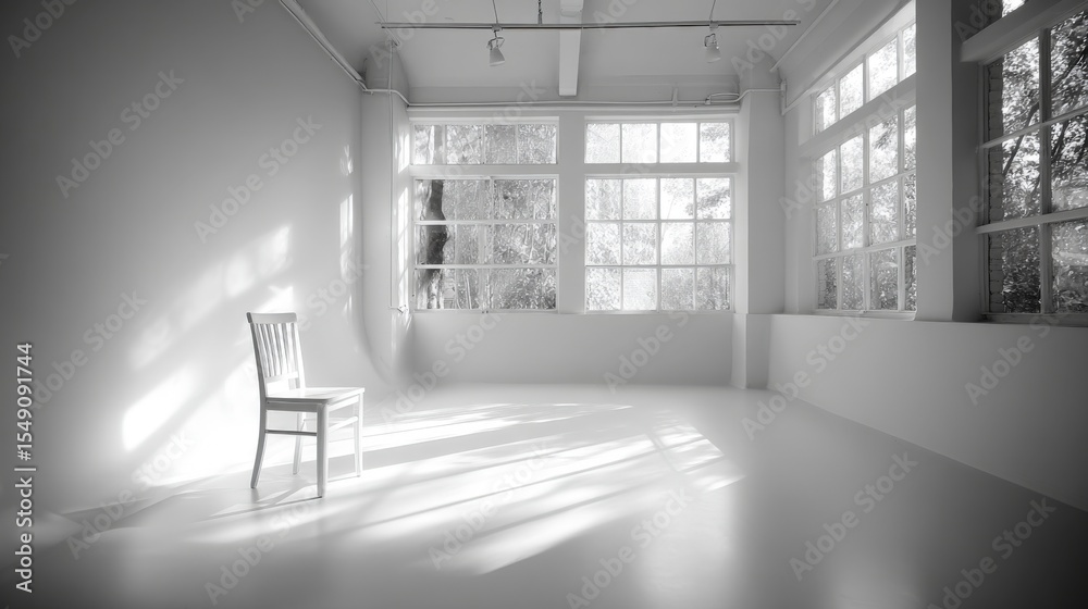 Poster Bright sunlit empty room with large and white walls in minimal style