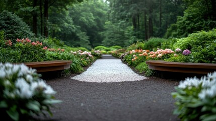 Fototapeta premium A beautifully landscaped garden pathway, featuring an array of colorful flowers, inviting one to take a peaceful stroll through a serene and tranquil outdoor paradise.