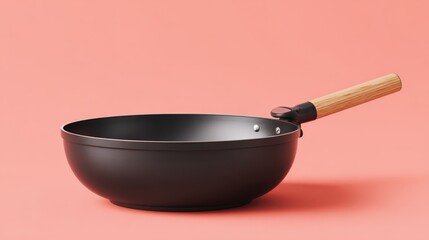 Black Wok Pan with Wooden Handle on Pink Background