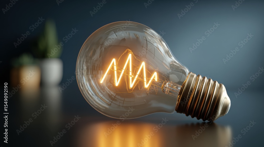 Poster illuminated light bulb with glowing filament lying on reflective surface in modern interior