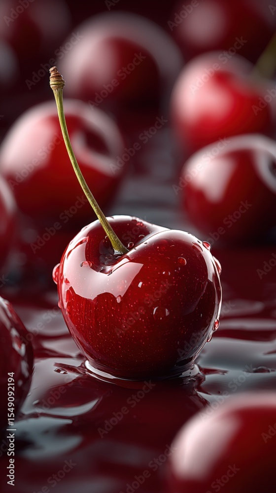 Poster close-up of fresh cherry with shiny surface and water reflections on dark background