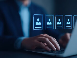 A person typing on a laptop with digital profile icons floating above, symbolizing online recruitment or human resources management.
