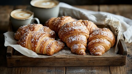 An inviting wooden tray filled with freshly baked croissants dusted with powdered sugar, paired with steaming cups of coffee, perfect for a cozy breakfast or brunch setting.