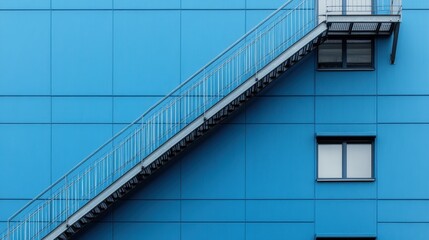 A striking architectural shot featuring a minimalist blue building with a staircase leading to a window, emphasizing modern design and contrasting geometric lines.