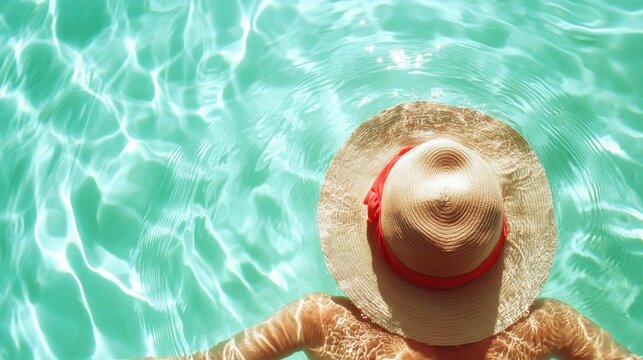 A serene overhead view of a woman with a stylish hat floating in crystalline pool water, capturing tranquility, warmth, and the essence of leisure in a summer vibe. - Powered by Adobe