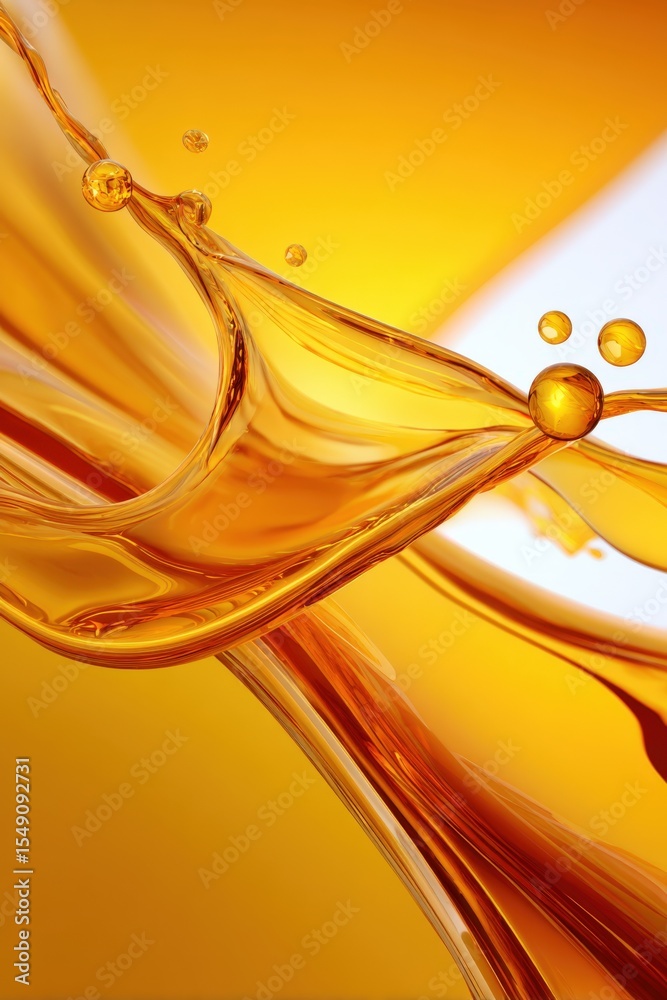 Poster close-up of golden oil splash with ripples and bubbles in a dynamic fluid motion