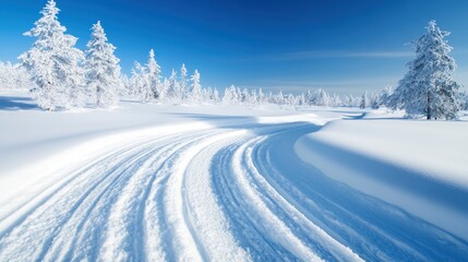Obraz premium A captivating winter landscape featuring a snow-covered trail surrounded by frosted trees, inviting the viewer to experience the peacefulness of a serene snowy day.