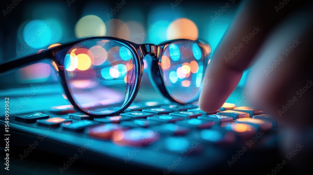 Poster close-up of a person's hand pressing a keyboard with colorful backlit gaming keyboard and glasses