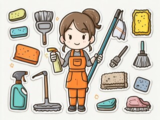 Cheerful Cartoon Woman with Cleaning Supplies Illustration