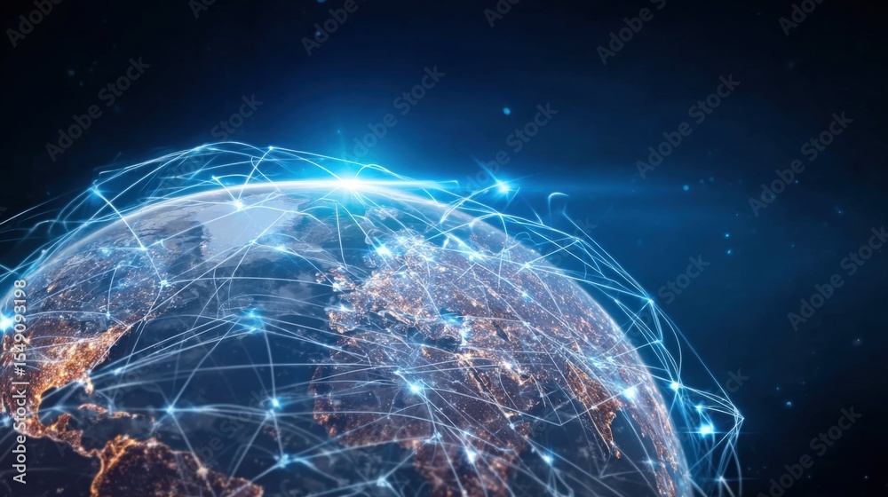 Poster global digital connectivity illustration with network lines and earth view
