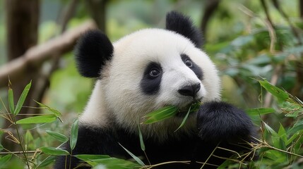 Obraz premium Adorable baby panda resting among green bamboo leaves in lush forest setting