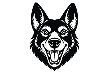 Naklejka premium Black and white drawing shows a grinning German Shepherd dog head