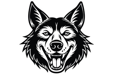 A black and white wolf head reveals its sharp teeth in a menacing grin