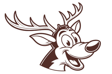 Cartoon smiling brown reindeer head showcases big antlers and a comical joyful expression