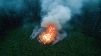An aerial view of a forest fire spreading across lush greenery, with flames and thick smoke creating a dramatic and alarming sight of nature's fiery destruction.