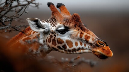 Obraz premium A close-up shot of a giraffe, beautifully framed among foliage, highlighting its unique patterns and the serene atmosphere of its natural habitat, evoking a sense of tranquility.