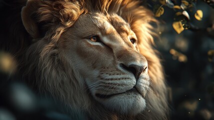 Fototapeta premium A close-up of a majestic lion displaying its magnificent mane, gazing thoughtfully while surrounded by lush greenery, capturing its regal and introspective nature.