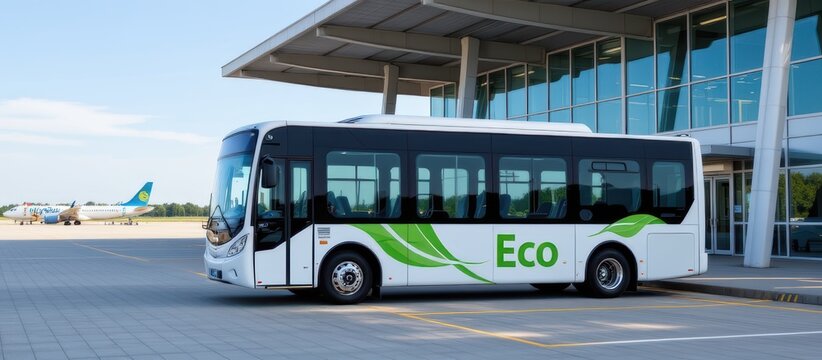 Eco-friendly bus parked at a modern airport terminal. - Powered by Adobe