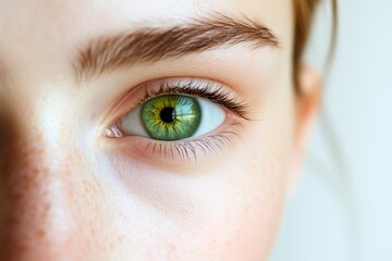 Close-up of a Green Human Eye with Detailed Iris and Eyelashes.
