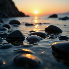 In the tranquil early morning light, smooth stones emerge from the gentle waves, reflecting the warm hues of sunrise over a serene coastline, evoking a sense of calm and peace Generative AI