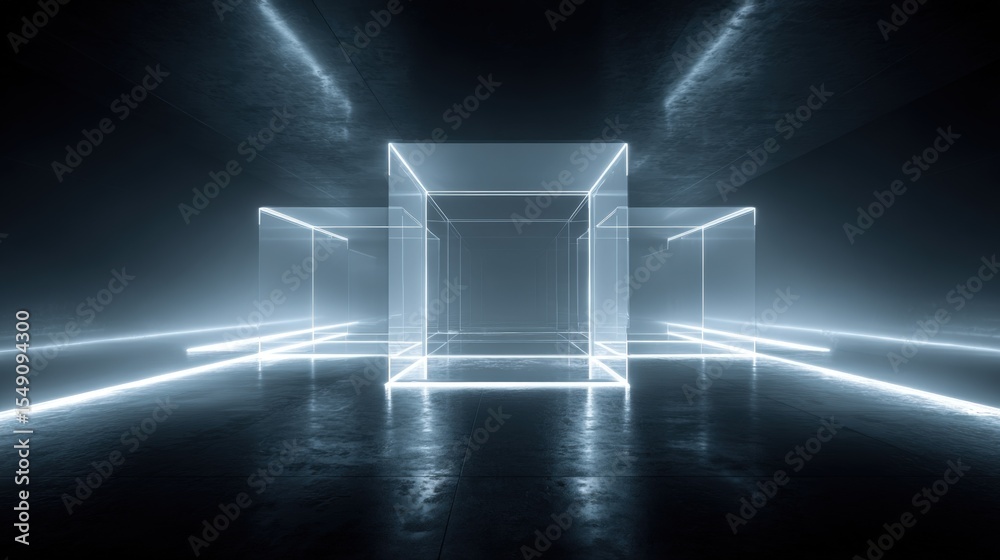 Poster Futuristic glowing geometric cube structure with neon lines in dark tunnel