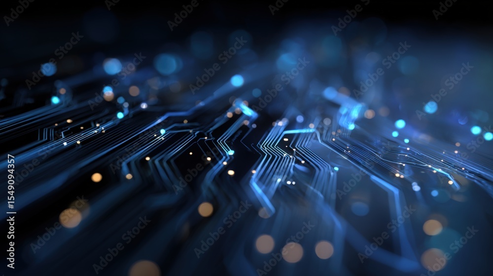 Poster detailed view of glowing blue circuit board with electronic components and pathways