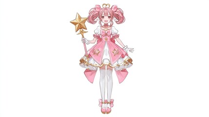 Anime girl in pink dress holds star wand on white background