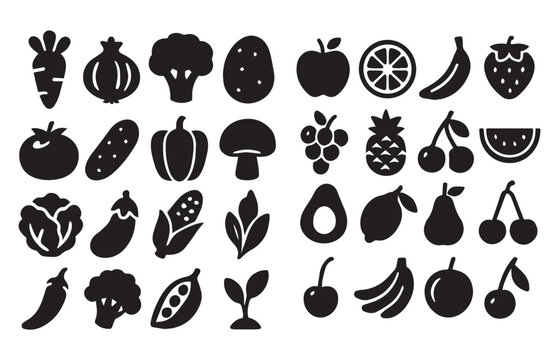 black and white icons set fruit and vegetable asset