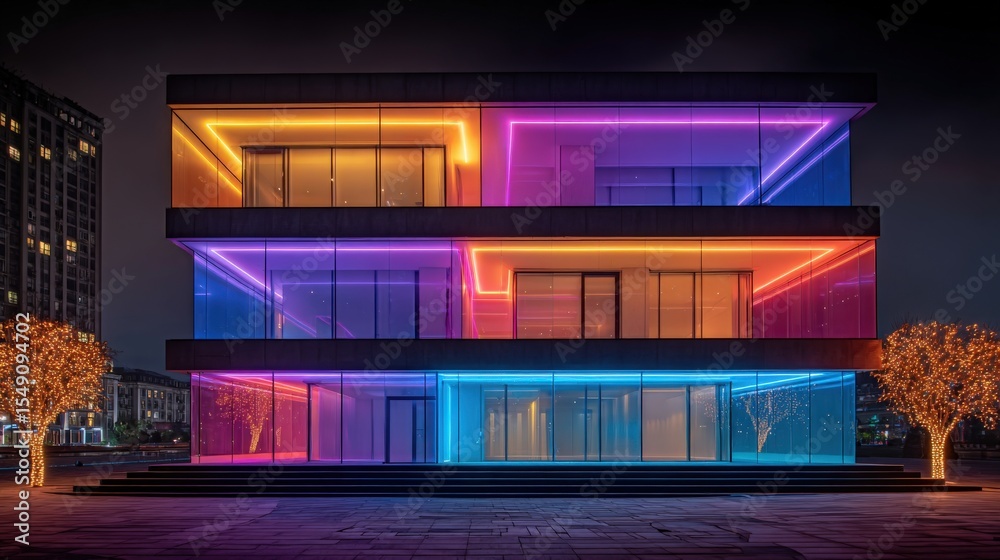 Poster modern multi-story building illuminated with vibrant neon lights at night showcasing colorful archit