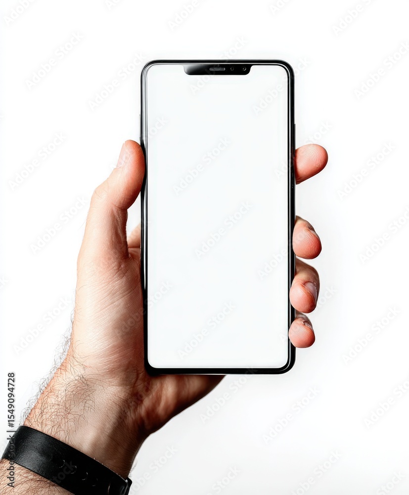 Poster modern smartphone held in hand with blank white screen displaying technology and communication