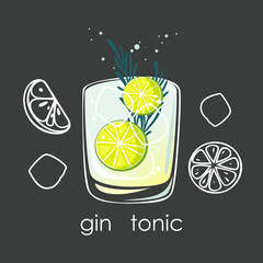 Gin and tonic cocktail with lime slices. Summer drink on dark background. Vector illustration