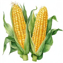 Two fresh ears of corn with vibrant yellow kernels and green husks.