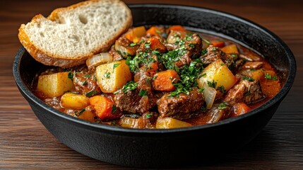 A delicious bowl of hearty beef stew filled with vegetables and potatoes, accompanied by a slice of bread, ideal for showcasing winter comfort food and savory flavors.
