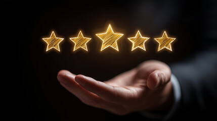 Hand presenting five golden stars in a dark environment, symbol of top-tier rating, trust and excellence in business performance and service 5-star feedback, excellence symbol, top