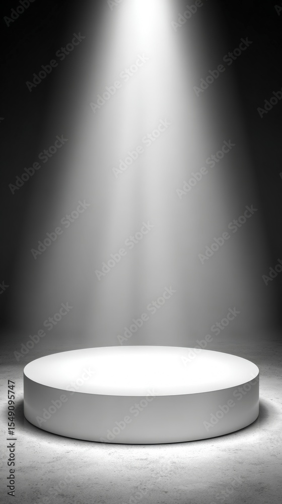 Poster minimalist white circular platform illuminated by spotlight on stage with dark background