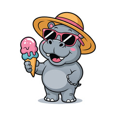 Fototapeta premium Cute Gray Hippopotamus Wearing Sunglasses and Summer Hat Holding Ice Cream Cone Cartoon Illustration