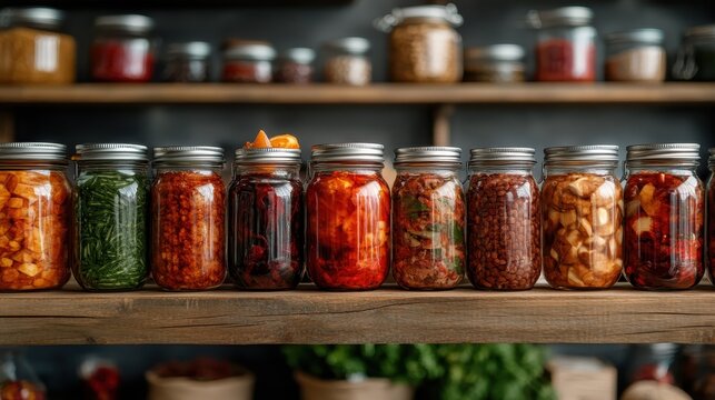 A shelf filled with vibrant jars of preserved vegetables and fruits, highlighting a homey feel and showcasing the practice of canning, perfect for food enthusiasts and culinary traditions.
