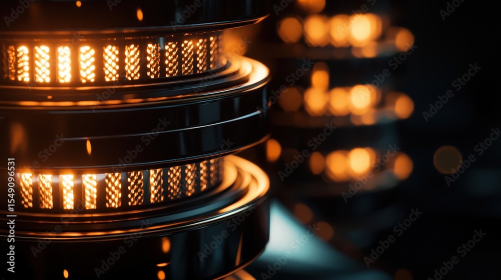 Poster Closeup of layered lighted buttons towering structure technology display industrial environment detailed view